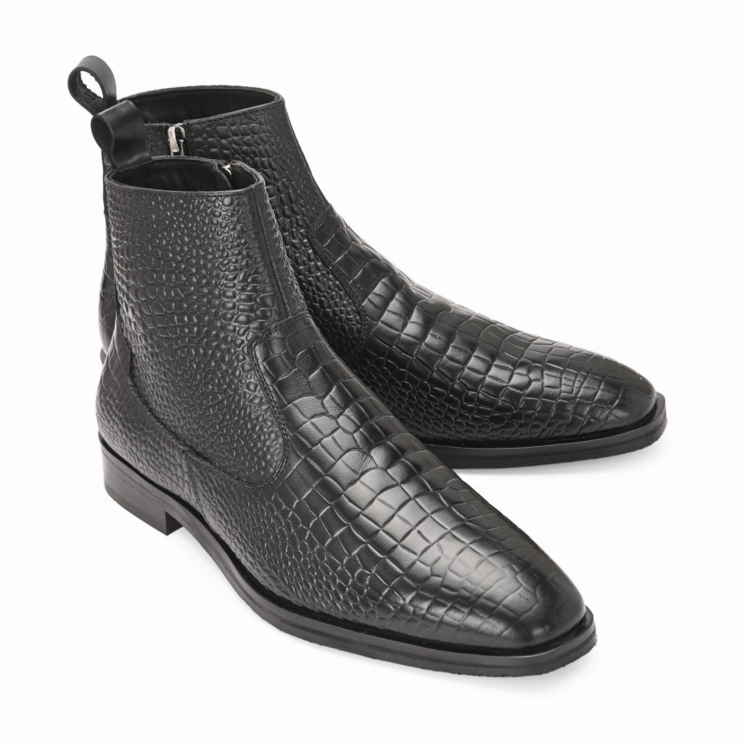 Luxury Black Crocodile Print Leather Chelsea Boots Chunky Cleated Chelsea Boots
