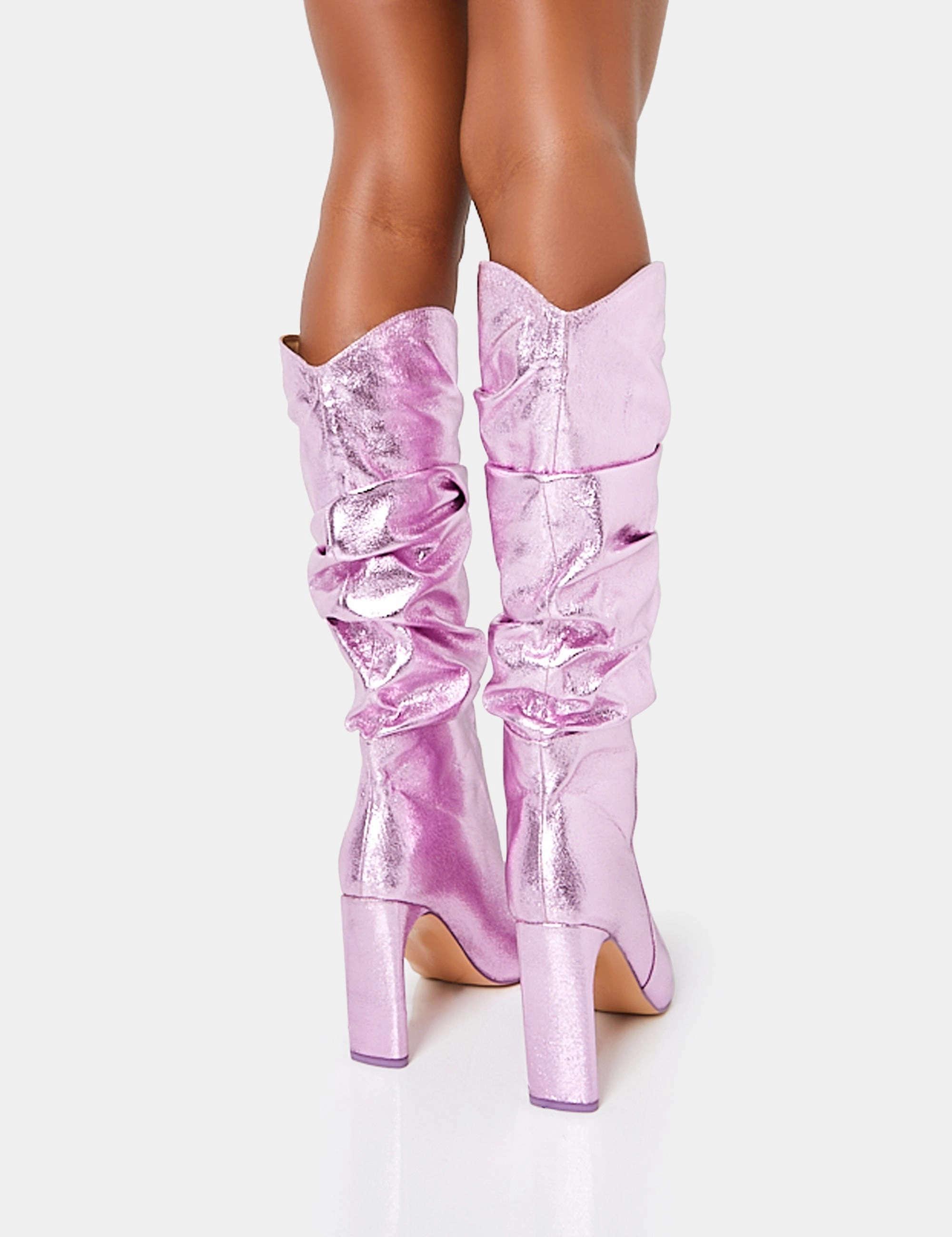 Magnolia Knee-high Shearling-lined Leather Boots Manhattan Metallic Pink Pointed Toe Knee High Narrow Block Heel Boots