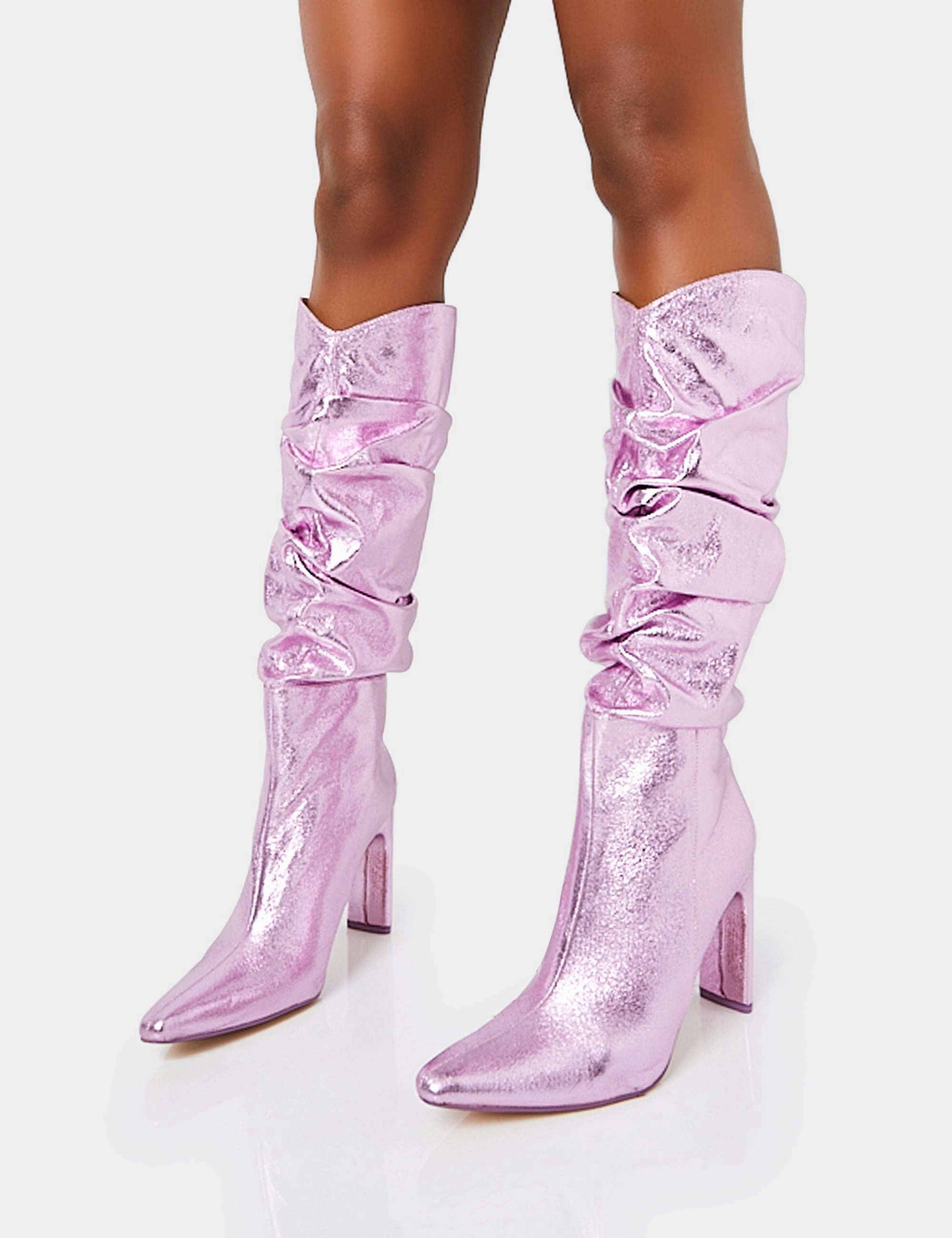 Manhattan Metallic Pink Pointed Toe Knee High Narrow Block Heel Boots Knee High Boots Fitted