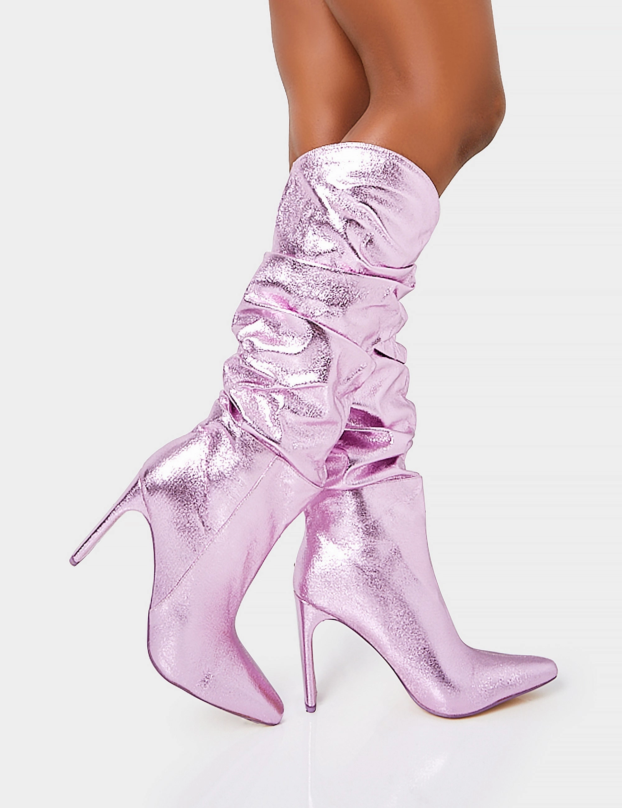 Manhattan Metallic Pink Pointed Toe Knee High Narrow Block Heel Boots Clog Knee High Boots