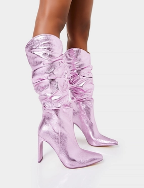 Manhattan Metallic Pink Pointed Toe Knee High Narrow Block Heel Boots Western Knee High Leather Boots