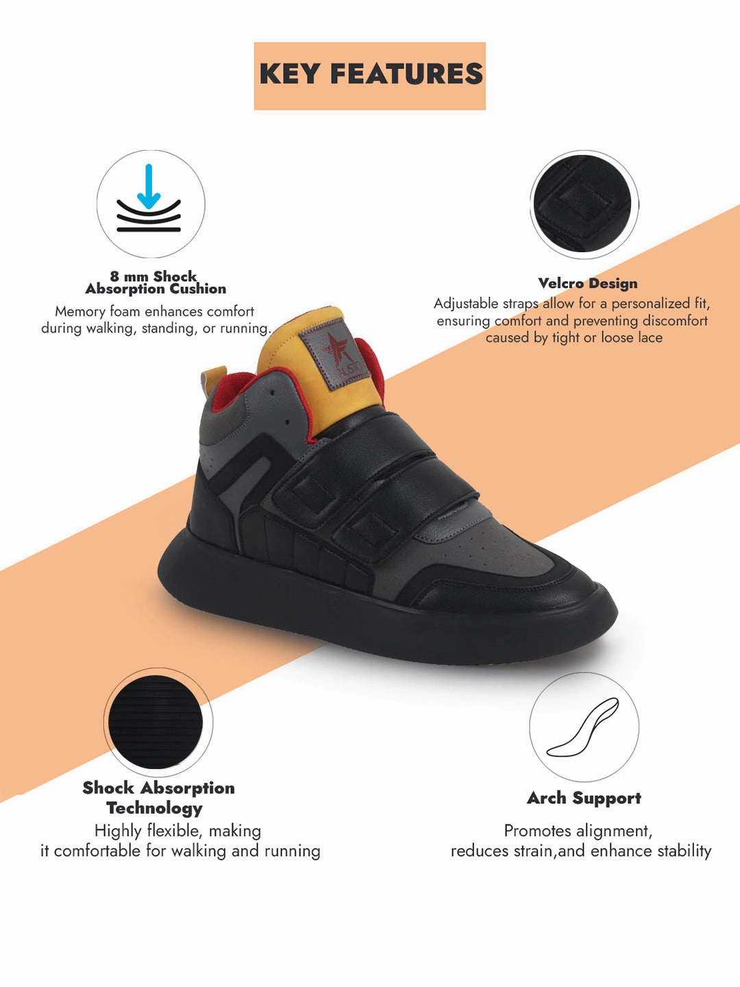 Men Black Colorblocked High Top Velcro Adjustable Classic Sneakers|Memory Cushion Insole|Street Fashion Hi-Top Sneakers Sneakers On A Wire