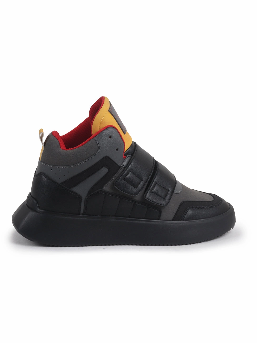 Men Black Colorblocked High Top Velcro Adjustable Classic Sneakers|Memory Cushion Insole|Street Fashion Hi-Top Sneakers Spinning Sneakers