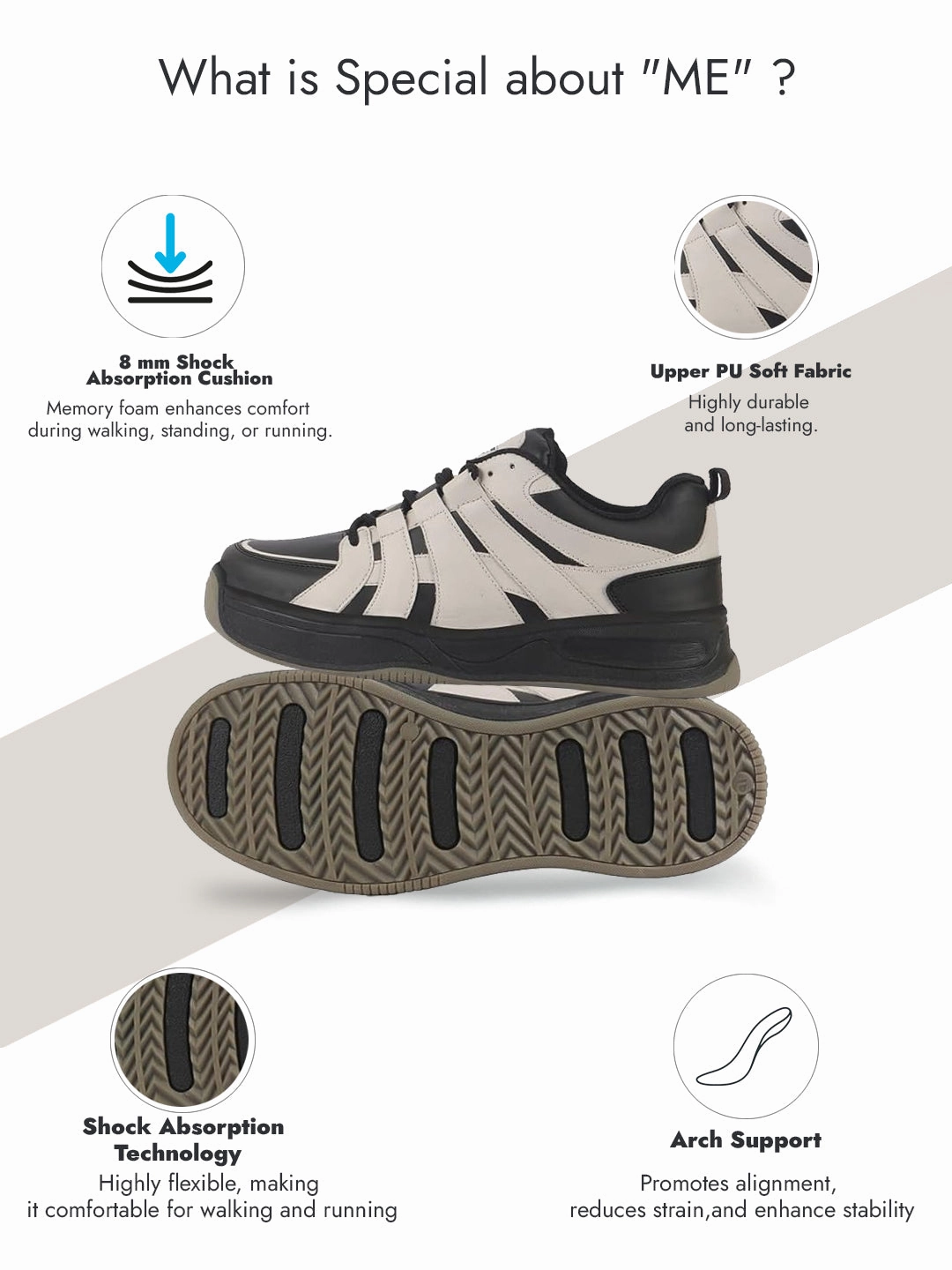 Sneakers Too Men Cream/Black Colorblocked Lace Up Sneakers| Sports Running Shoes|Anti-Skid Phylon Sole|Lace-Up Athleisure Shoes|Walking Shoes