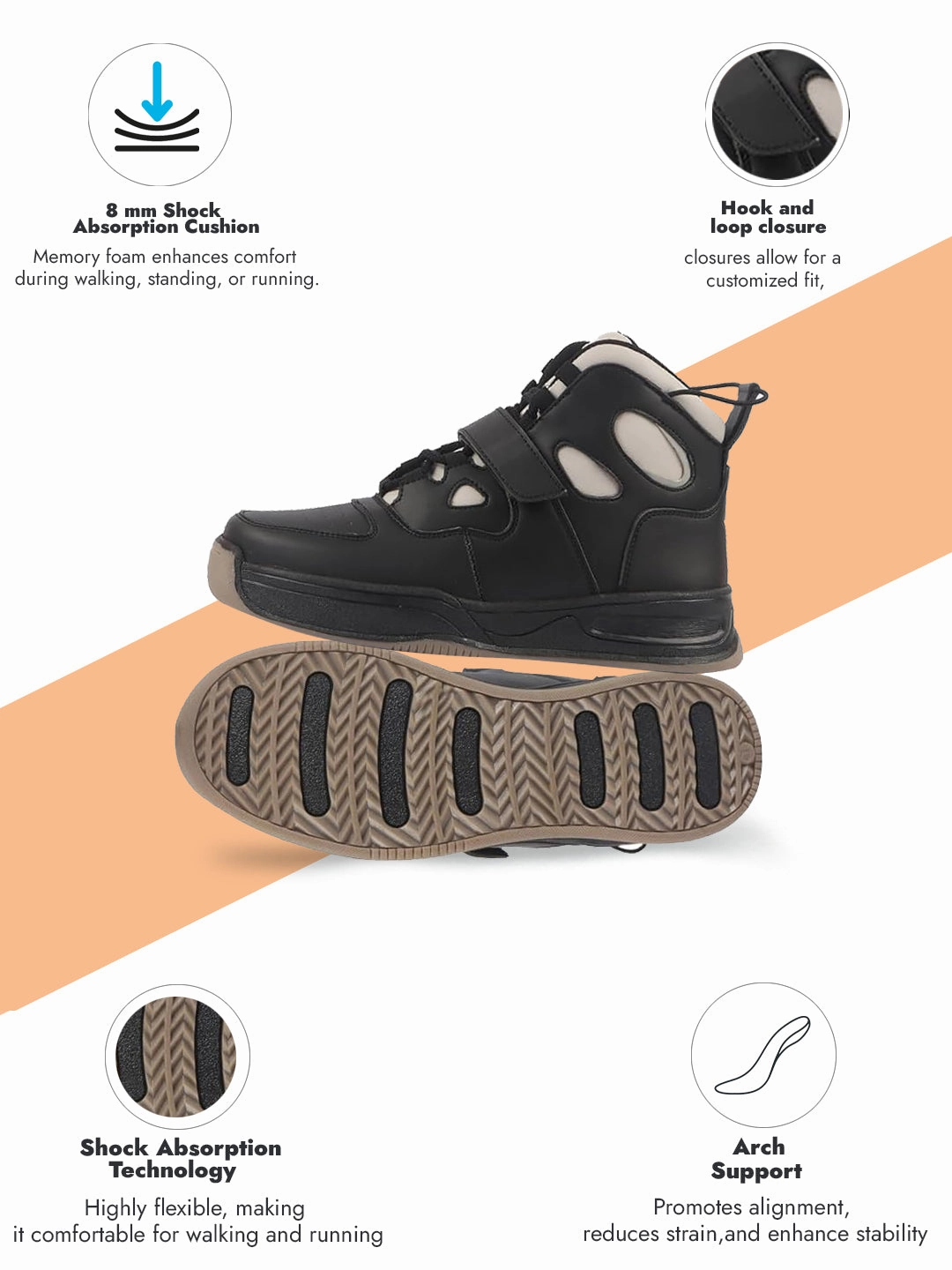 Men Cream Black High Ankle Casual Chunky Lace Up Sneakers with Hook and Loop Closure Strap|Rubber Outsole High Top Basketball Shoes New York Giants Sneakers