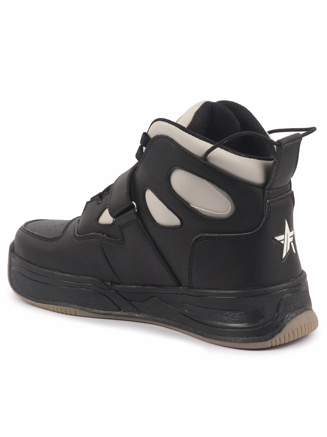 Best Sneakers For Neuropathy Men Cream Black High Ankle Casual Chunky Lace Up Sneakers with Hook and Loop Closure Strap|Rubber Outsole High Top Basketball Shoes