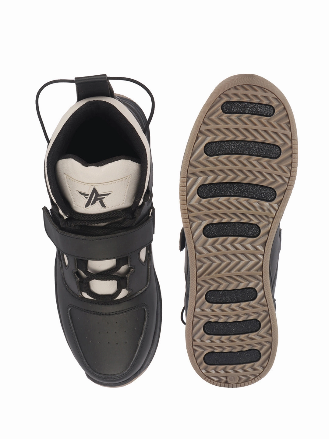 Men Cream Black High Ankle Casual Chunky Lace Up Sneakers with Hook and Loop Closure Strap|Rubber Outsole High Top Basketball Shoes Coach Outlet Sneakers