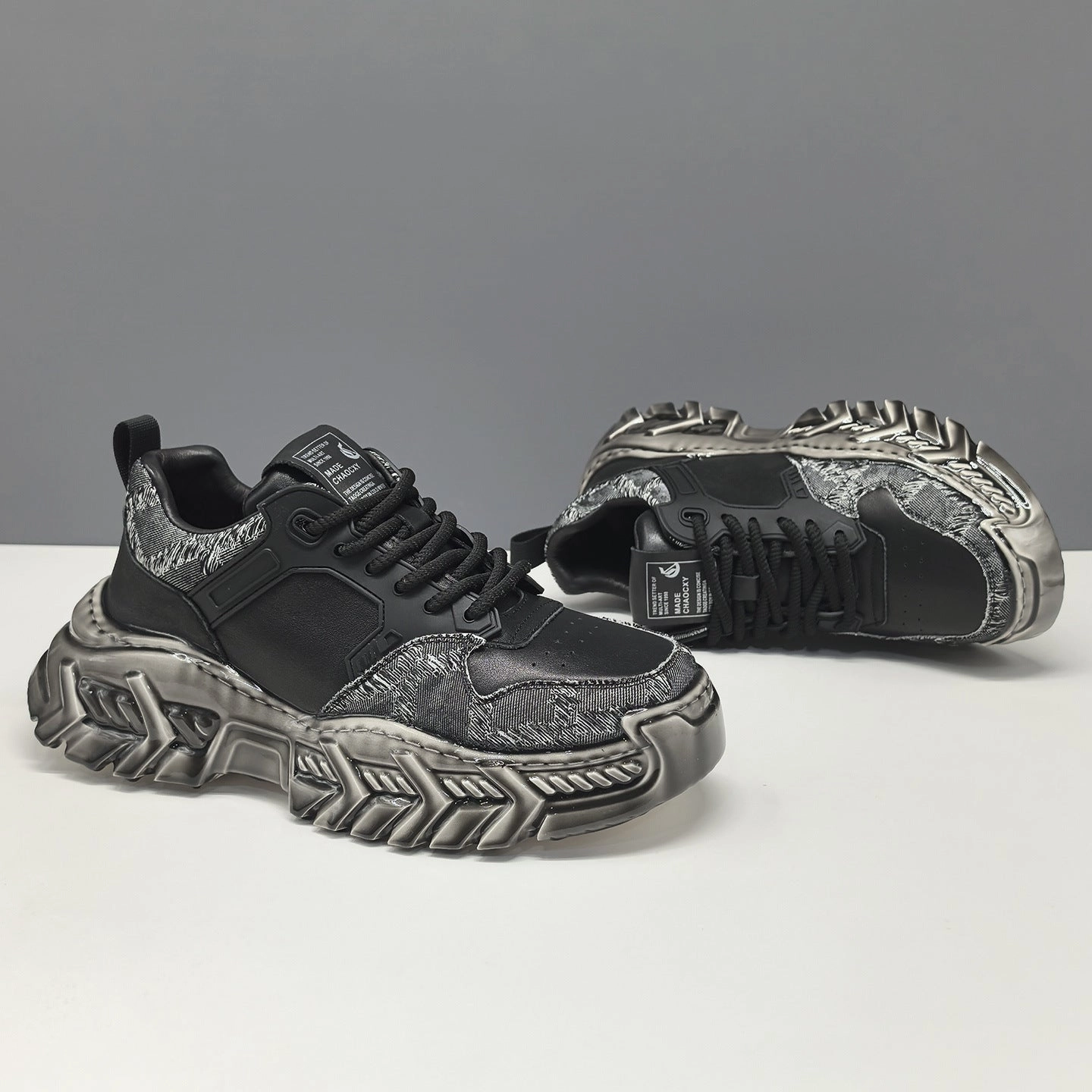 Metal Sneakers Men's Fashion Casual Leather Chunky Platform Sneakers