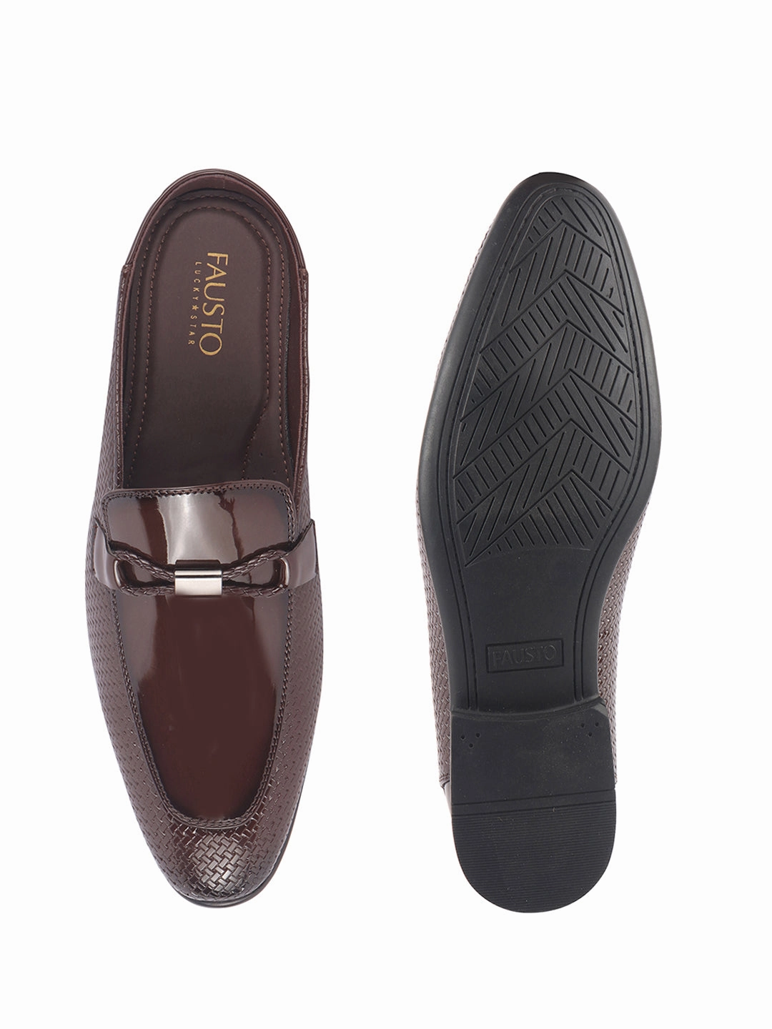 Men Tan Bow Design Textured Back Open Party Formal Patent Leather Mules Shoes|All Day Long Ethnic Slip On Kurta Shoes for Wedding, Festive|Memory Cushioned Insole Work Boots Wellington