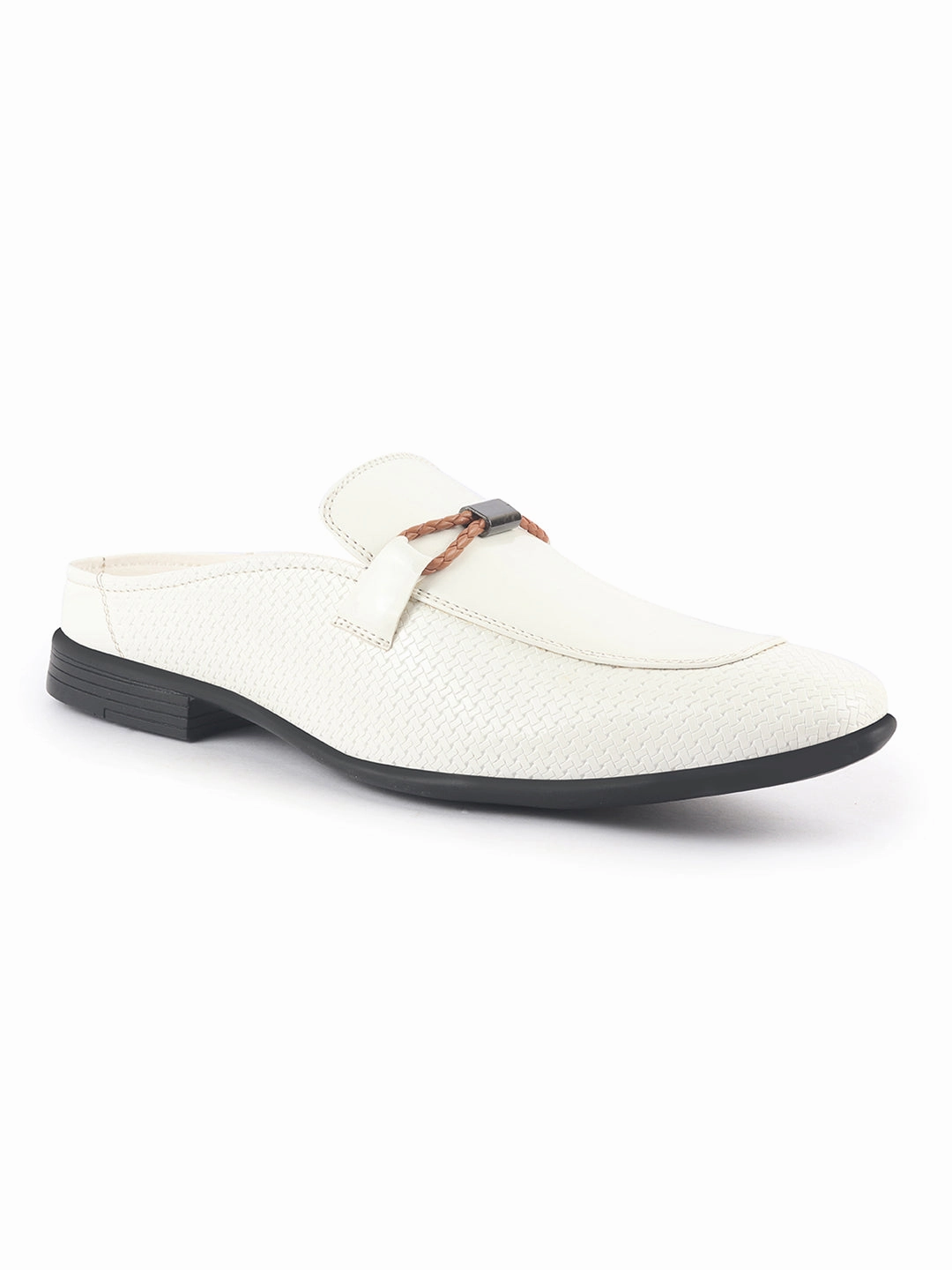 Men White Bow Design Textured Back Open Party Formal Patent Leather Mules Shoes|All Day Long Ethnic Slip On Kurta Shoes for Wedding, Festive|Memory Cushioned Insole Ariat Work.boots