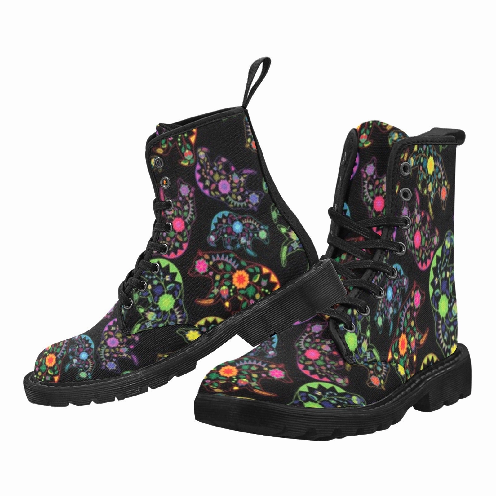 Neon Floral Bears Boots for Women (Black) Leopard Combat Boots