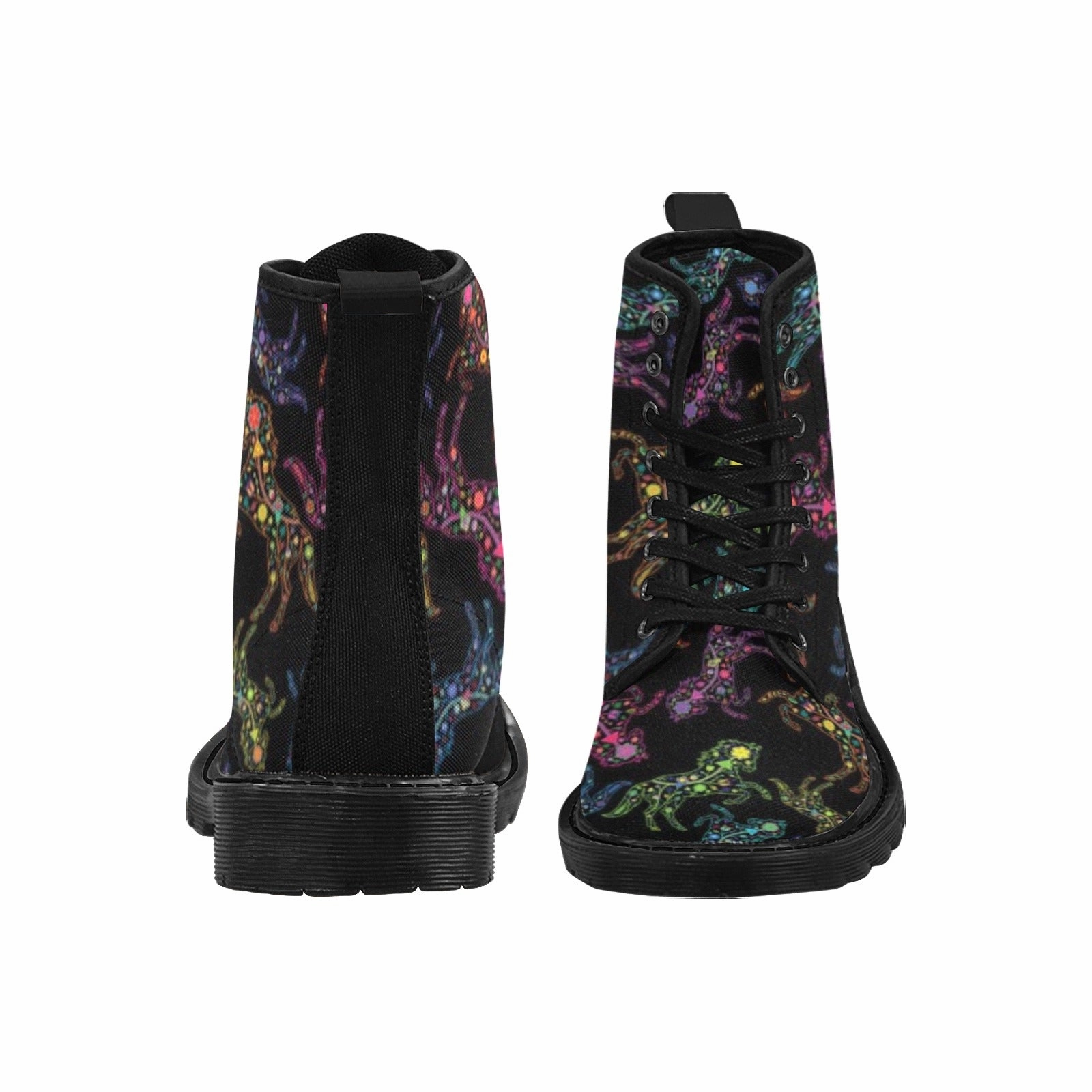 Small Heel Combat Boots Neon Floral Horses Boots for Men (Black)