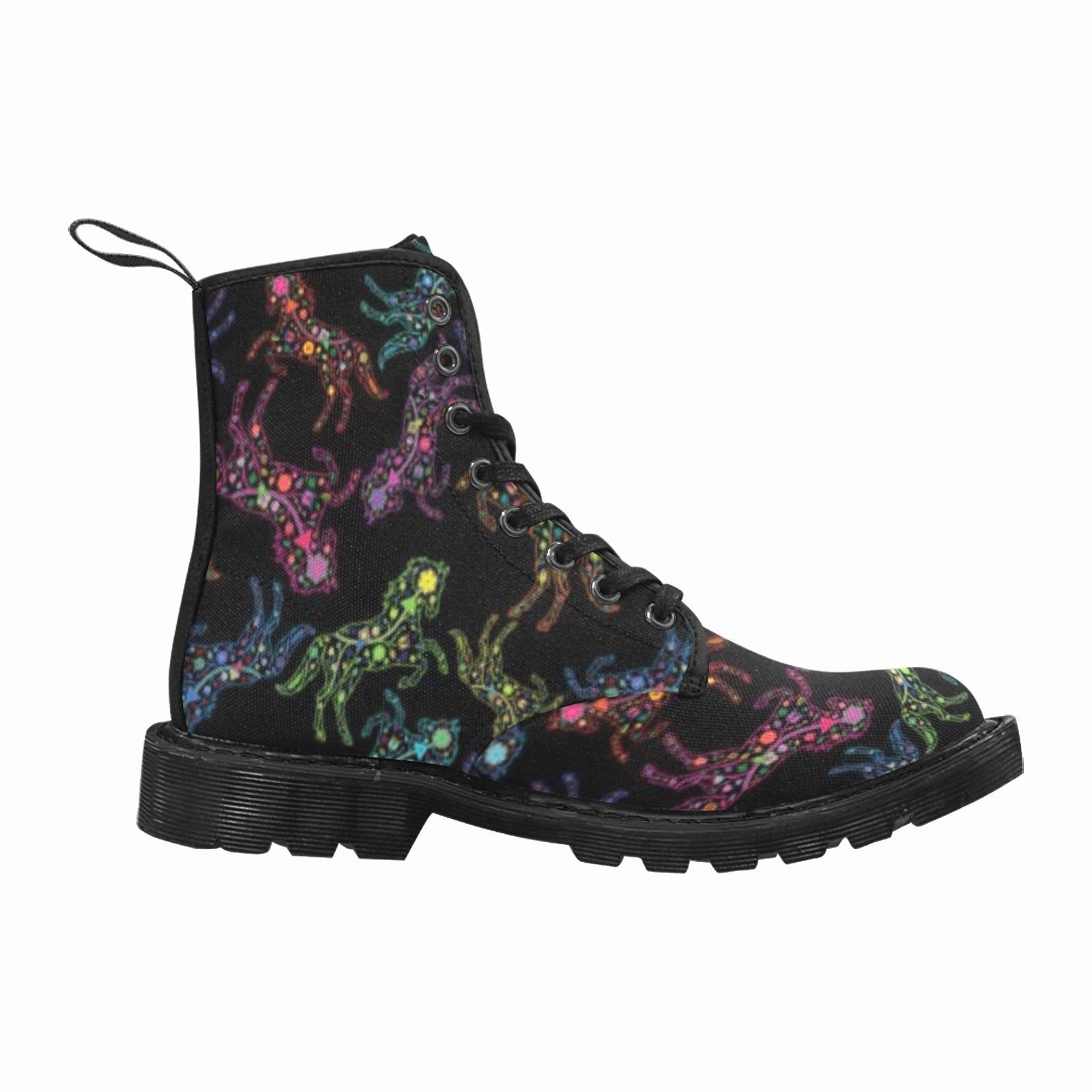 Neon Floral Horses Boots for Men (Black) Fashion Lace Up Combat Boots