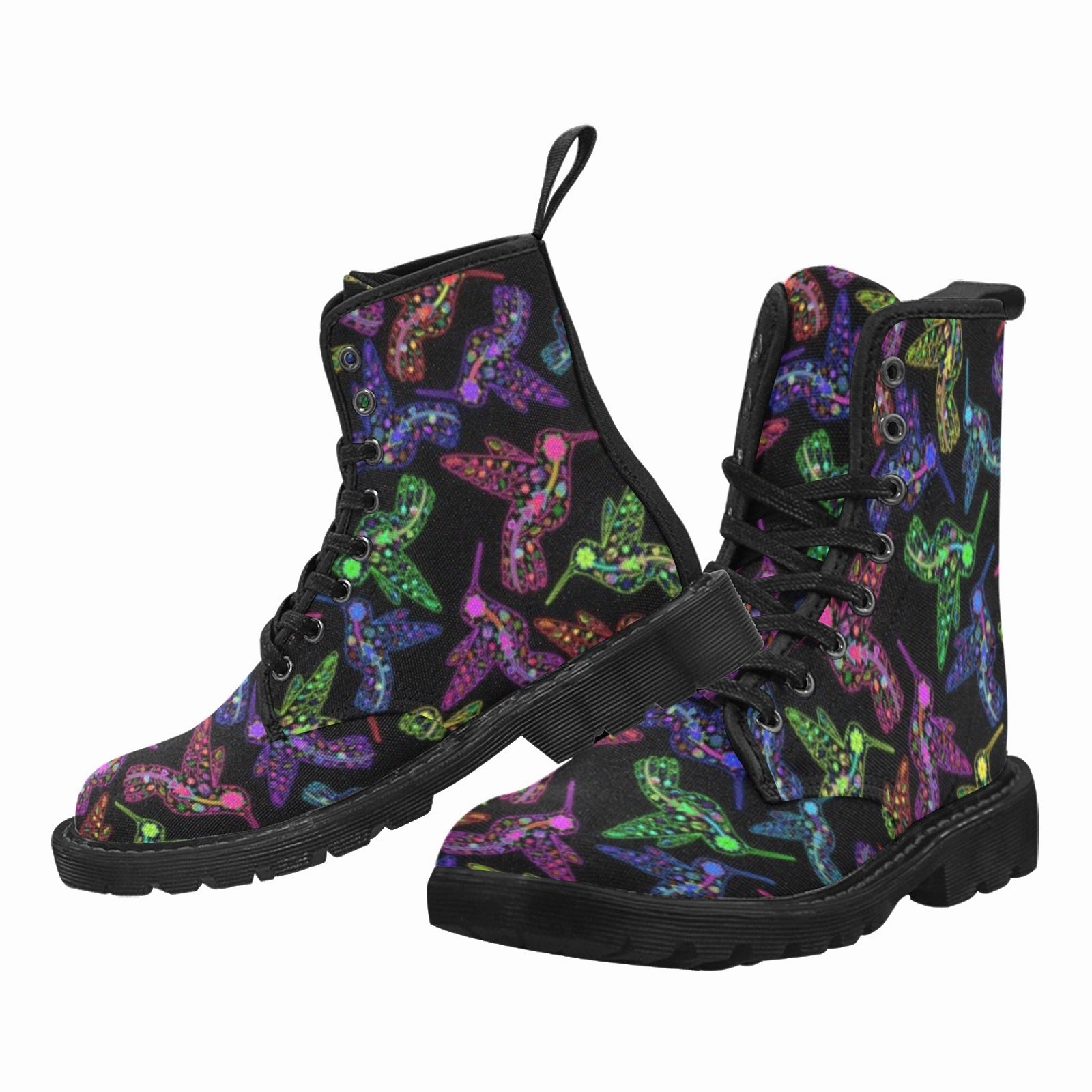 Neon Floral Hummingbirds Boots for Men (Black) Combat Boot Shoelace Length