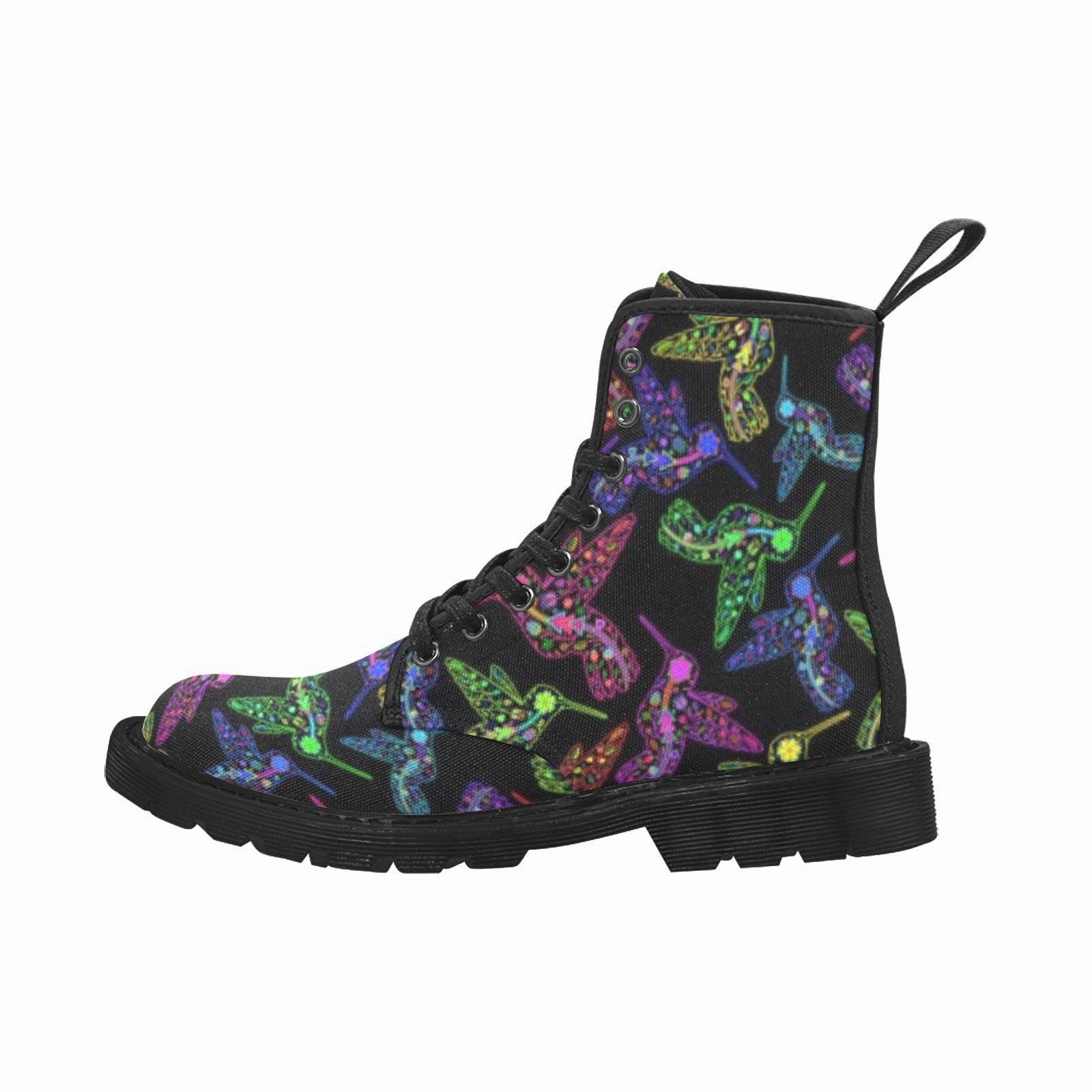 Zipper Combat Boots Neon Floral Hummingbirds Boots for Men (Black)