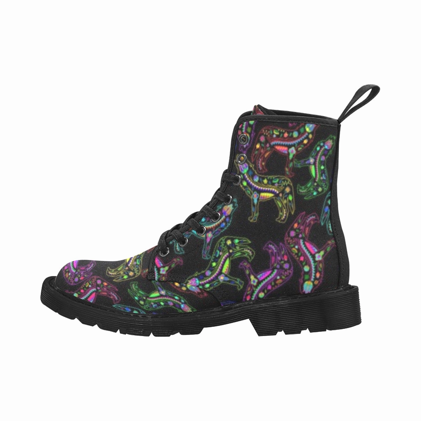 Shoe Carnival Combat Boots - Combat Boots Neon Floral Wolves Boots for Men (Black)