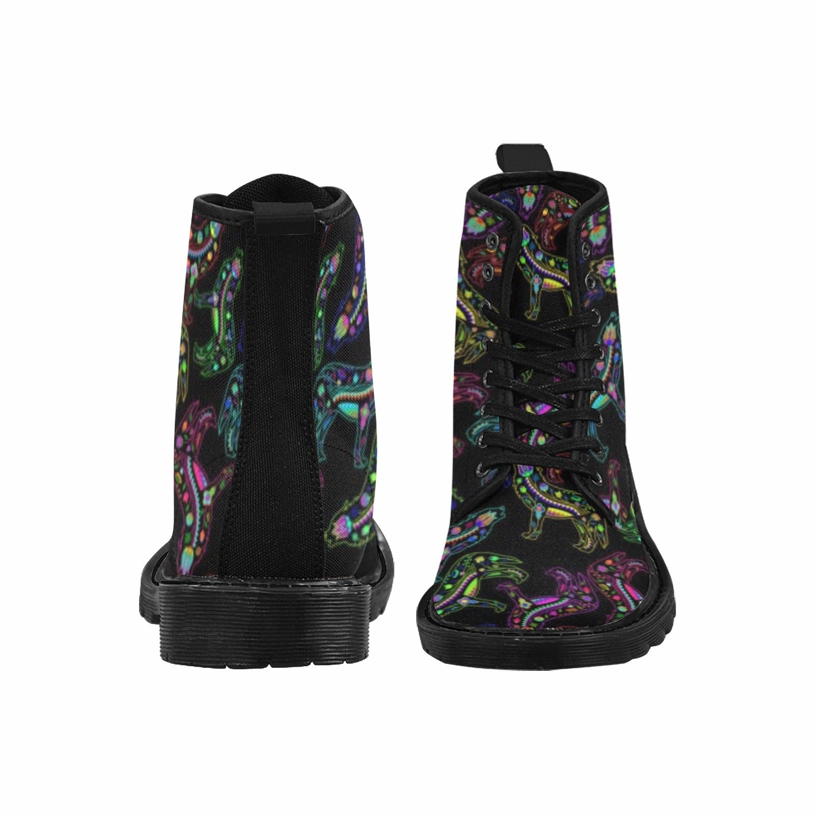 Troopa Combat Leather Boots Neon Floral Wolves Boots for Men (Black)