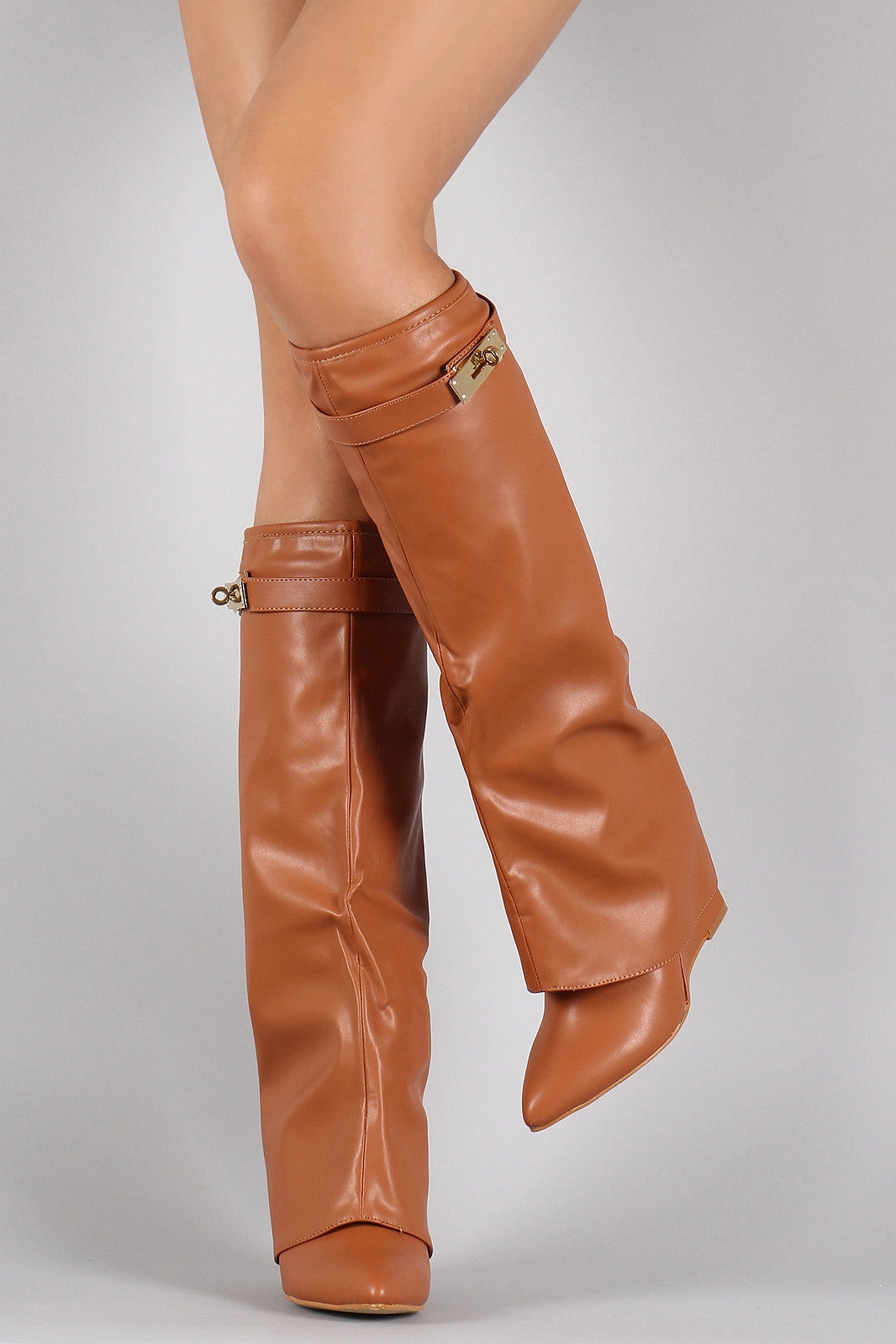 Knee High White Platform Boots Twist-Lock Pointy Toe Fold Over Cuff Knee High Wedge Boots
