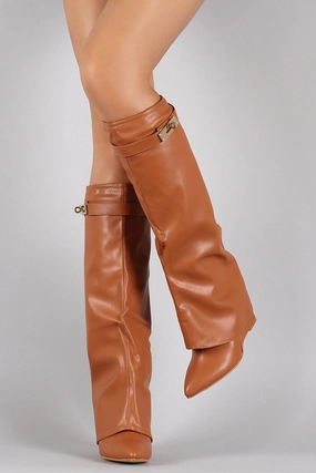 Twist-Lock Pointy Toe Fold Over Cuff Knee High Wedge Boots Scrunch Knee High Boots