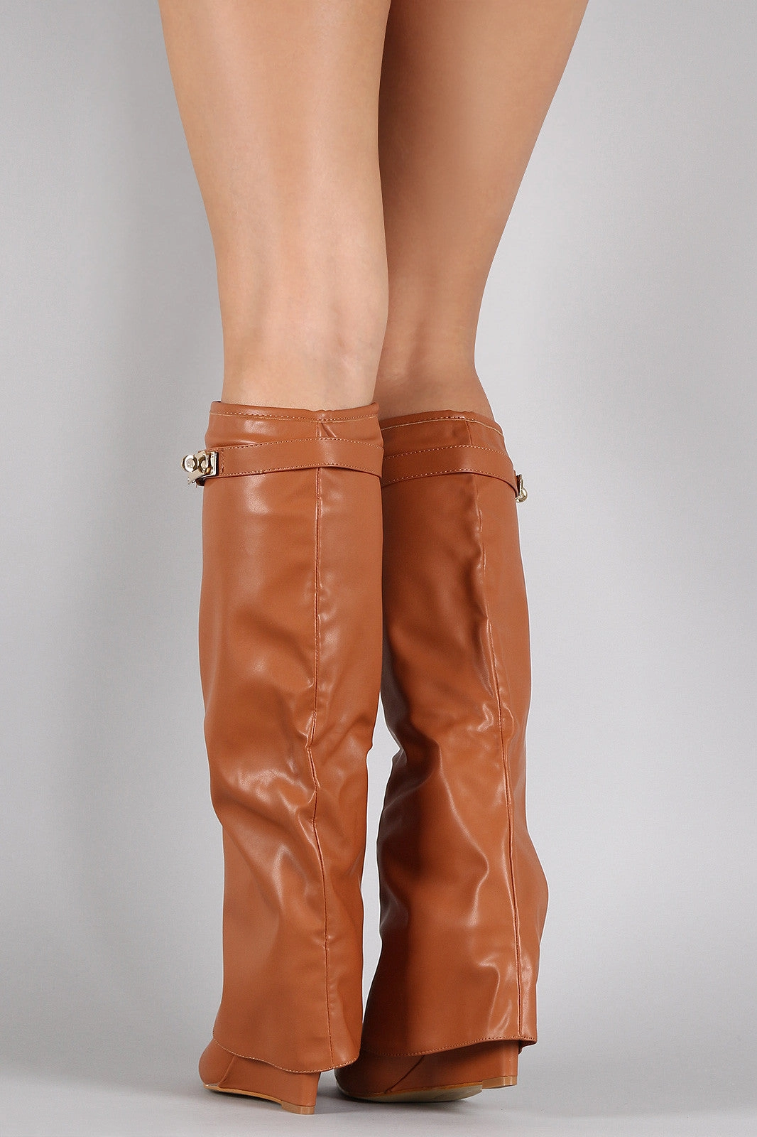Twist-Lock Pointy Toe Fold Over Cuff Knee High Wedge Boots Faux Suede Knee High Heel Boots