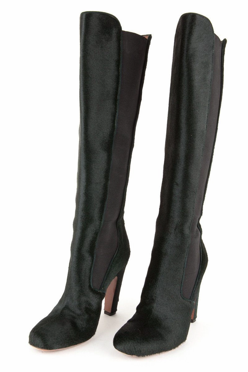 Knee High Wedding Boots Alaa 38 Dark Green Pony Hair Knee High Boots