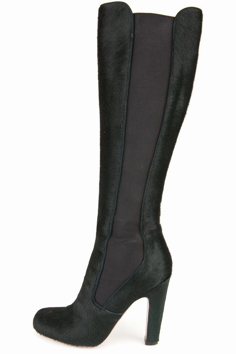 Alaa 38 Dark Green Pony Hair Knee High Boots Stretch Flat Knee High Boots
