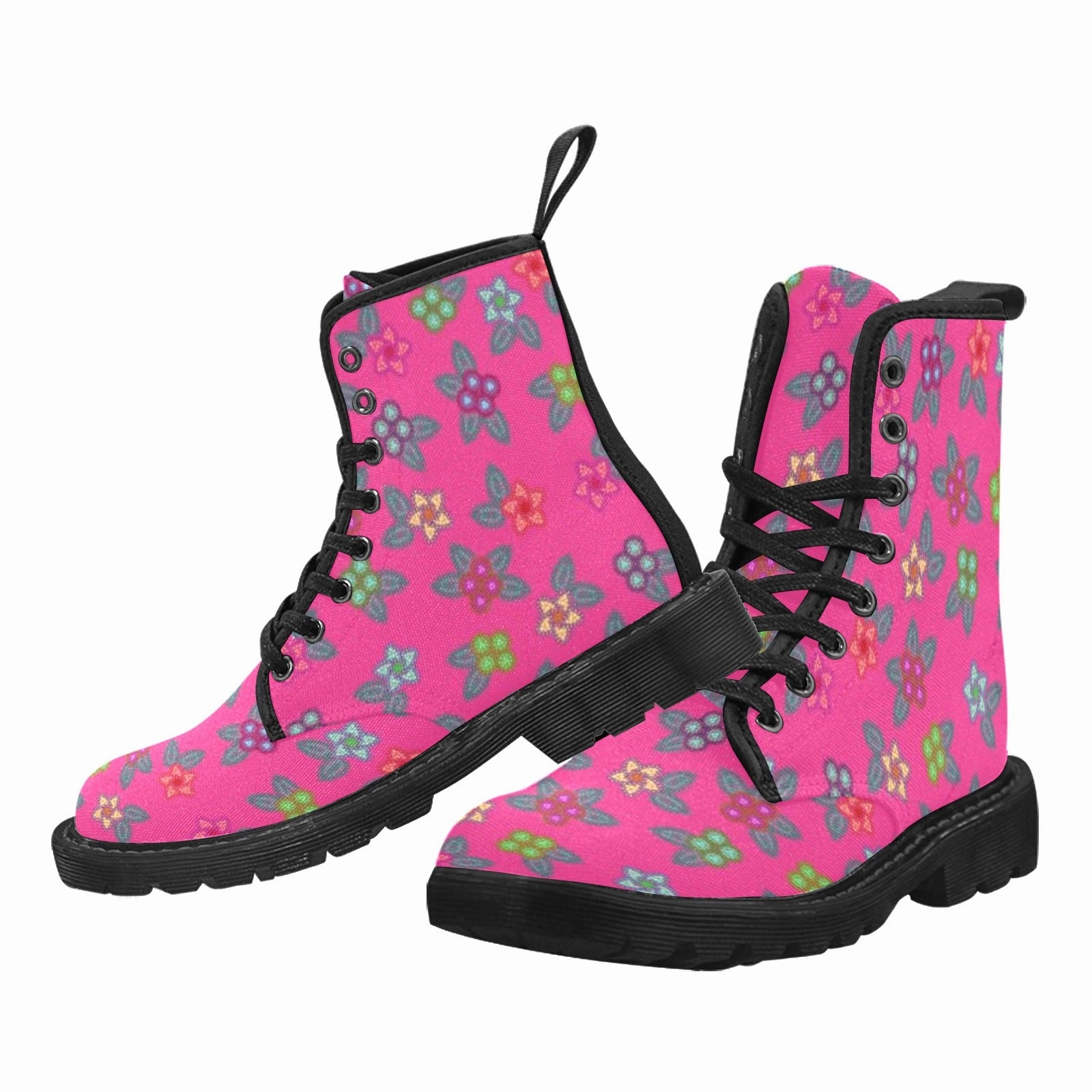 Fold Over Leather Combat Boots Berry Flowers Boots for Men (Black)