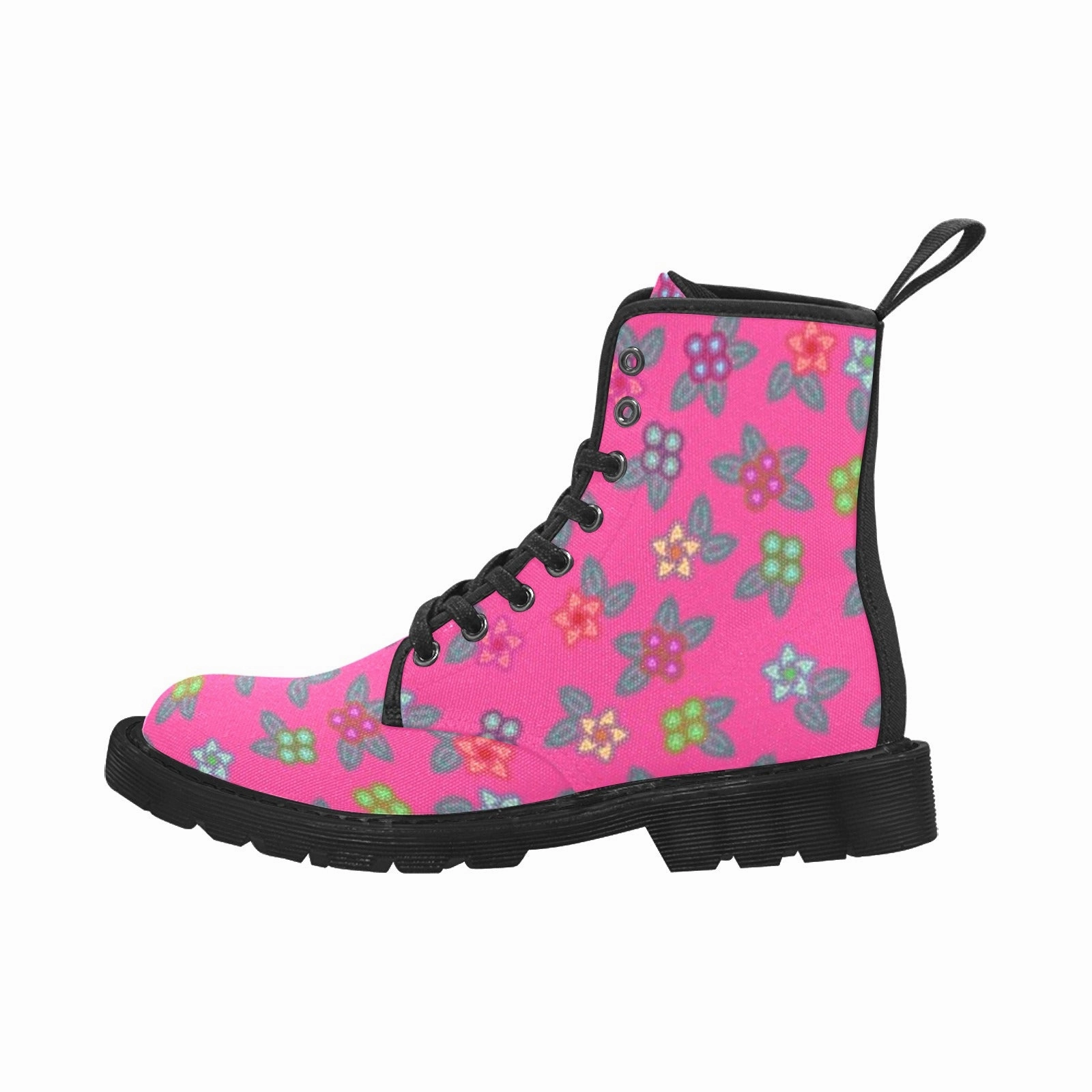 Ladder Lace Combat Boots Berry Flowers Boots for Men (Black)