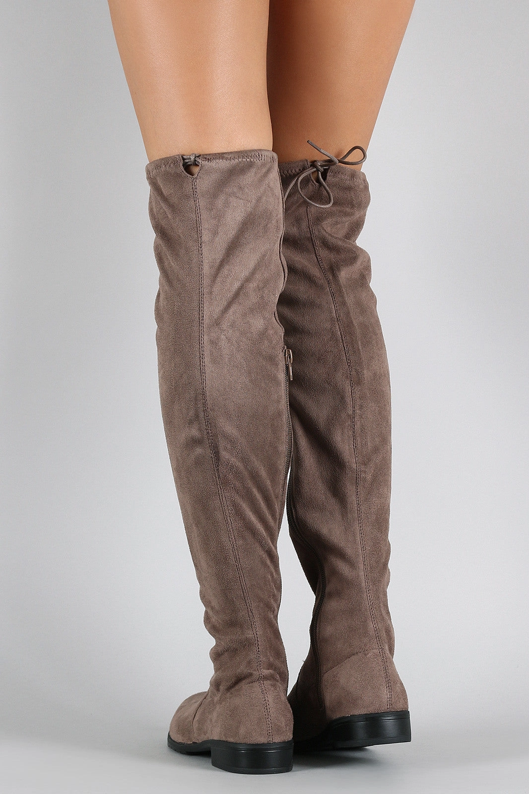 Bamboo Suede Drawstring Over-The-Knee Flat Boots Chunky Wide Calf Knee High Boots