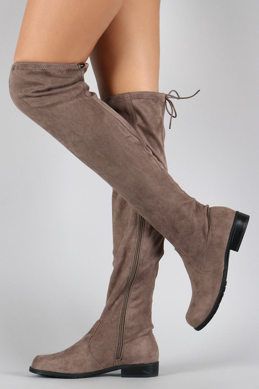 Bamboo Suede Drawstring Over-The-Knee Flat Boots Knee High Denim Cowboy Boots