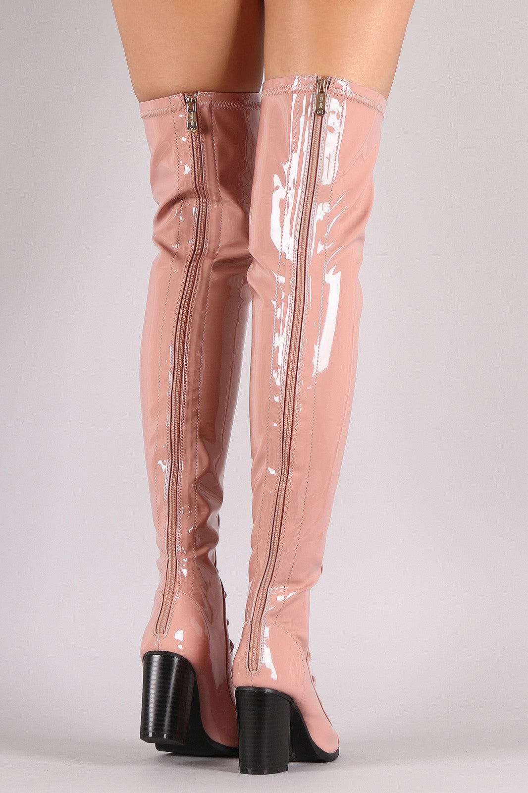 Patent Lace Up Chunky Heeled Over-The-Knee Boots Knee High Boots With Jeans Outfit