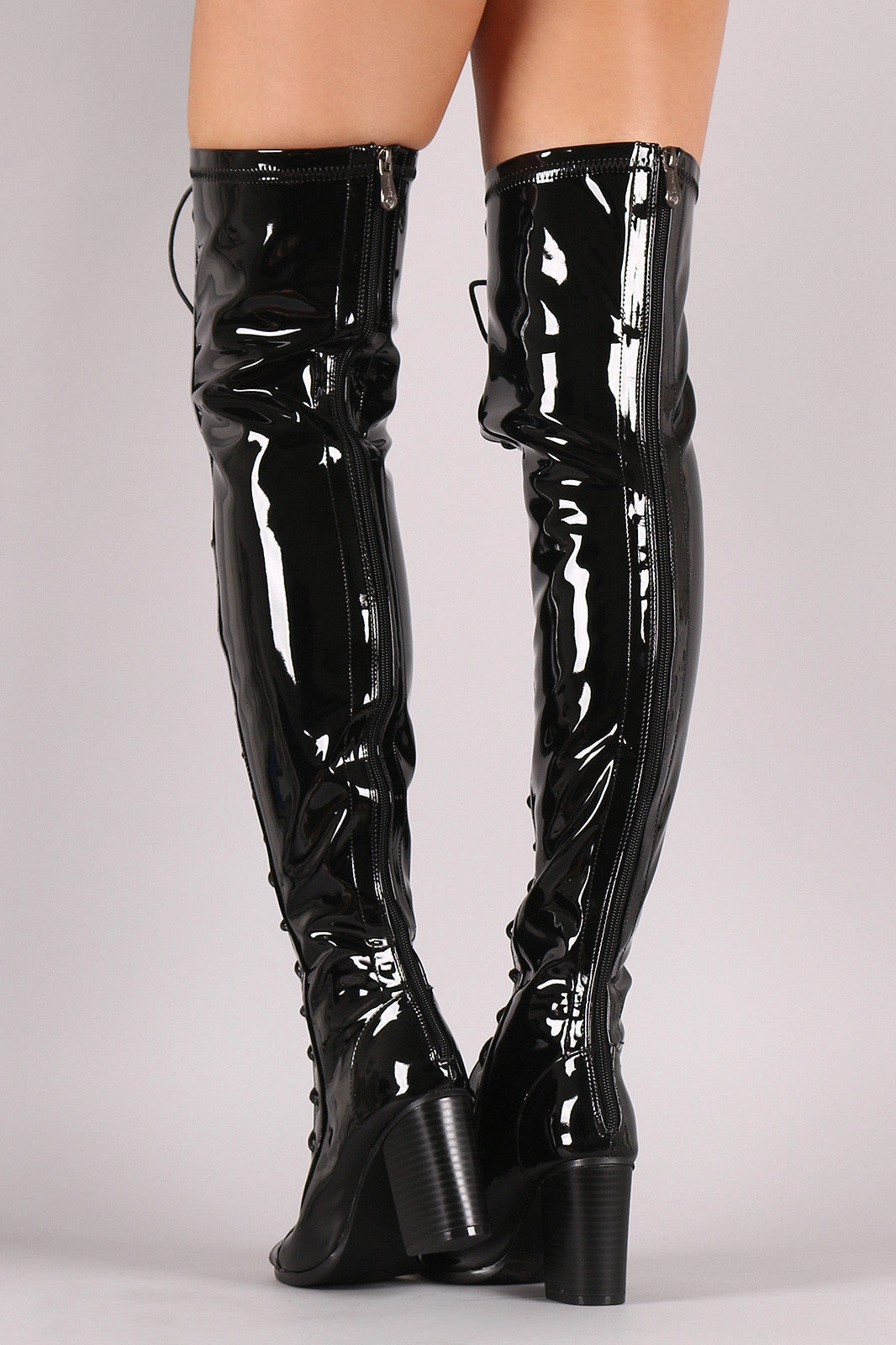 Knee High Western Boots Wide Calf Patent Lace Up Chunky Heeled Over-The-Knee Boots