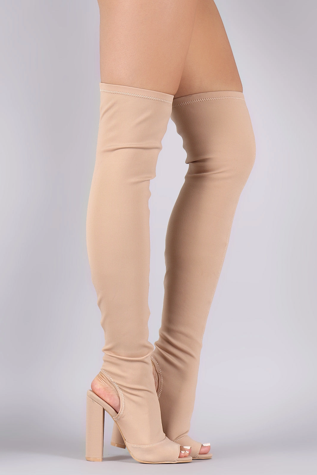 Knee High Boots With Track Sole Peep Toe Fitted Chunky Heeled Over The Knee Boots