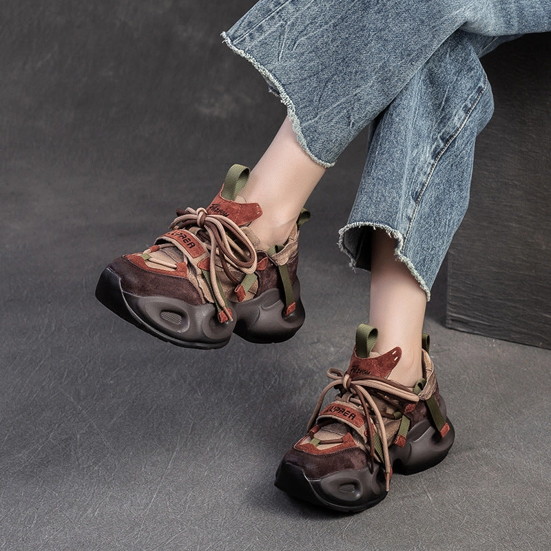 Wedge Ash Sneakers Women Retro Patchwork Leather Chunky Platform Sneakers