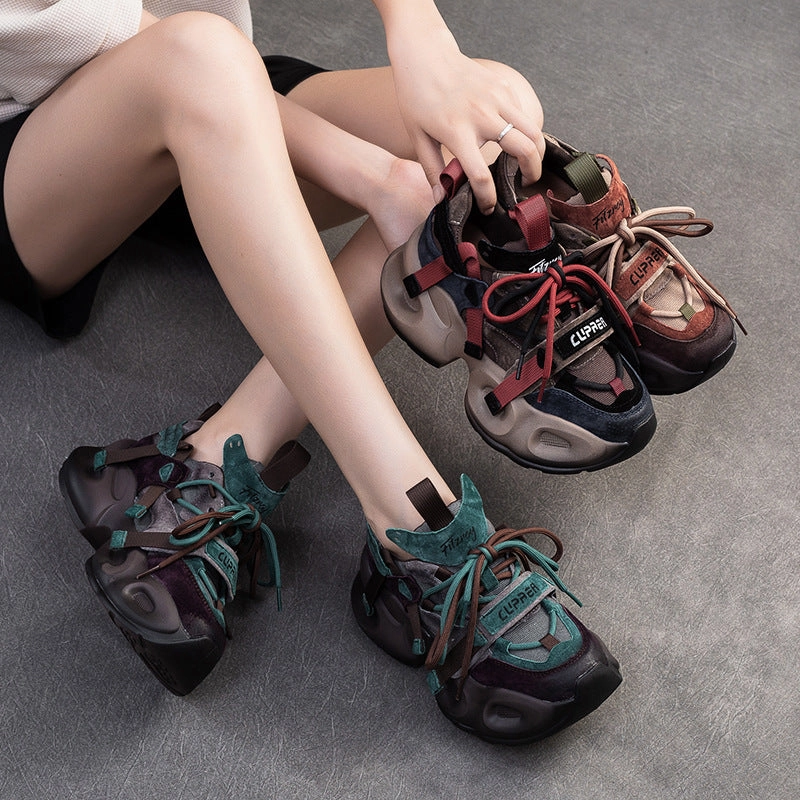 Women Retro Patchwork Leather Chunky Platform Sneakers Pink Coach Sneakers