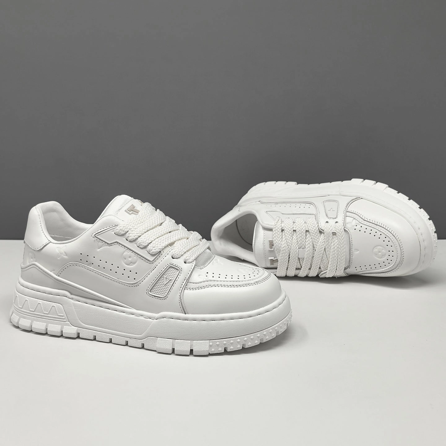 Men's Fashion Breathable Leather Casual Thick Soled Sneakers Cross Shield Silver Plan