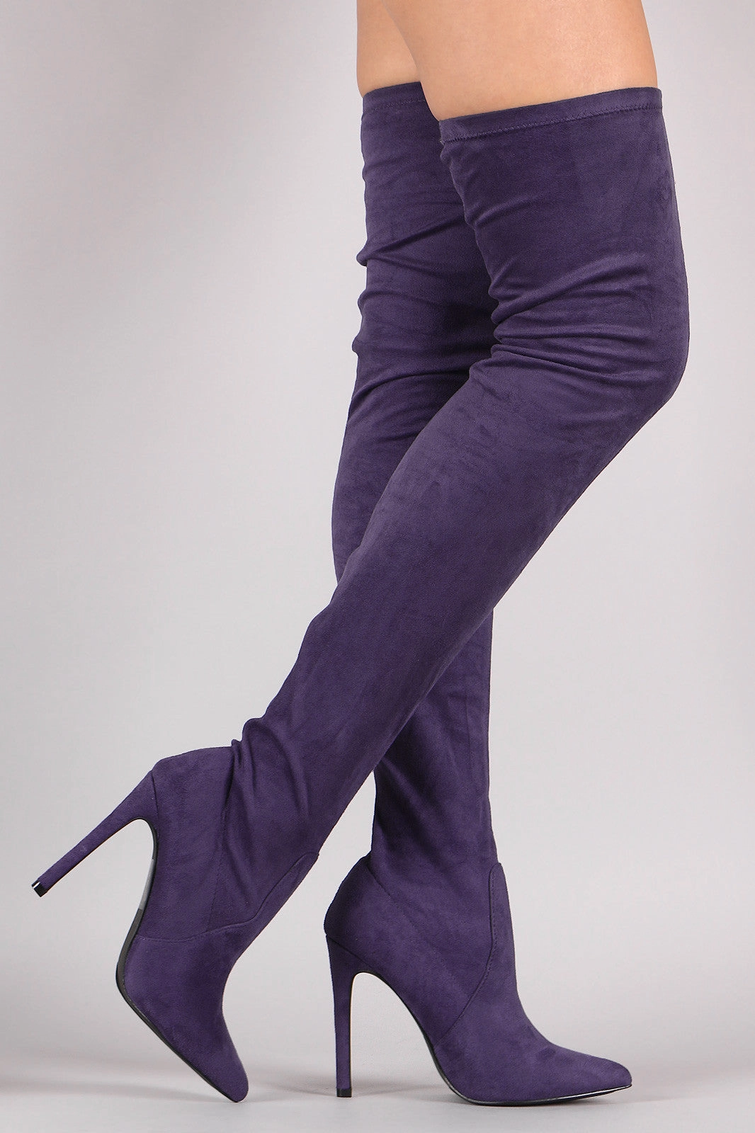 Super Curvy Calf Knee High Boots Pointy Toe Stiletto Suede Over-The-Knee Boots