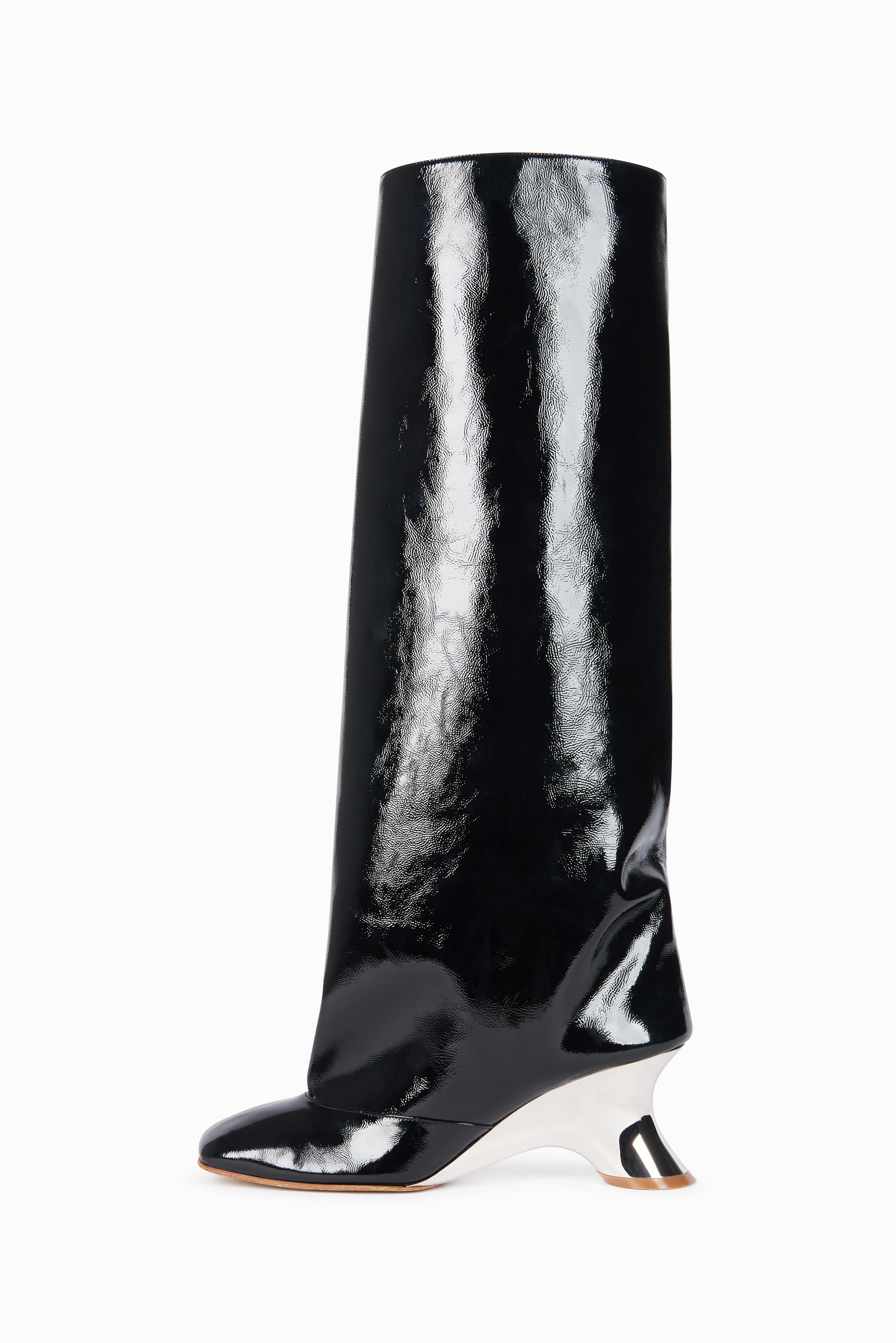 Christy High Boot With Silver And Gold Wedge Black Kitten Heel Knee High Boot