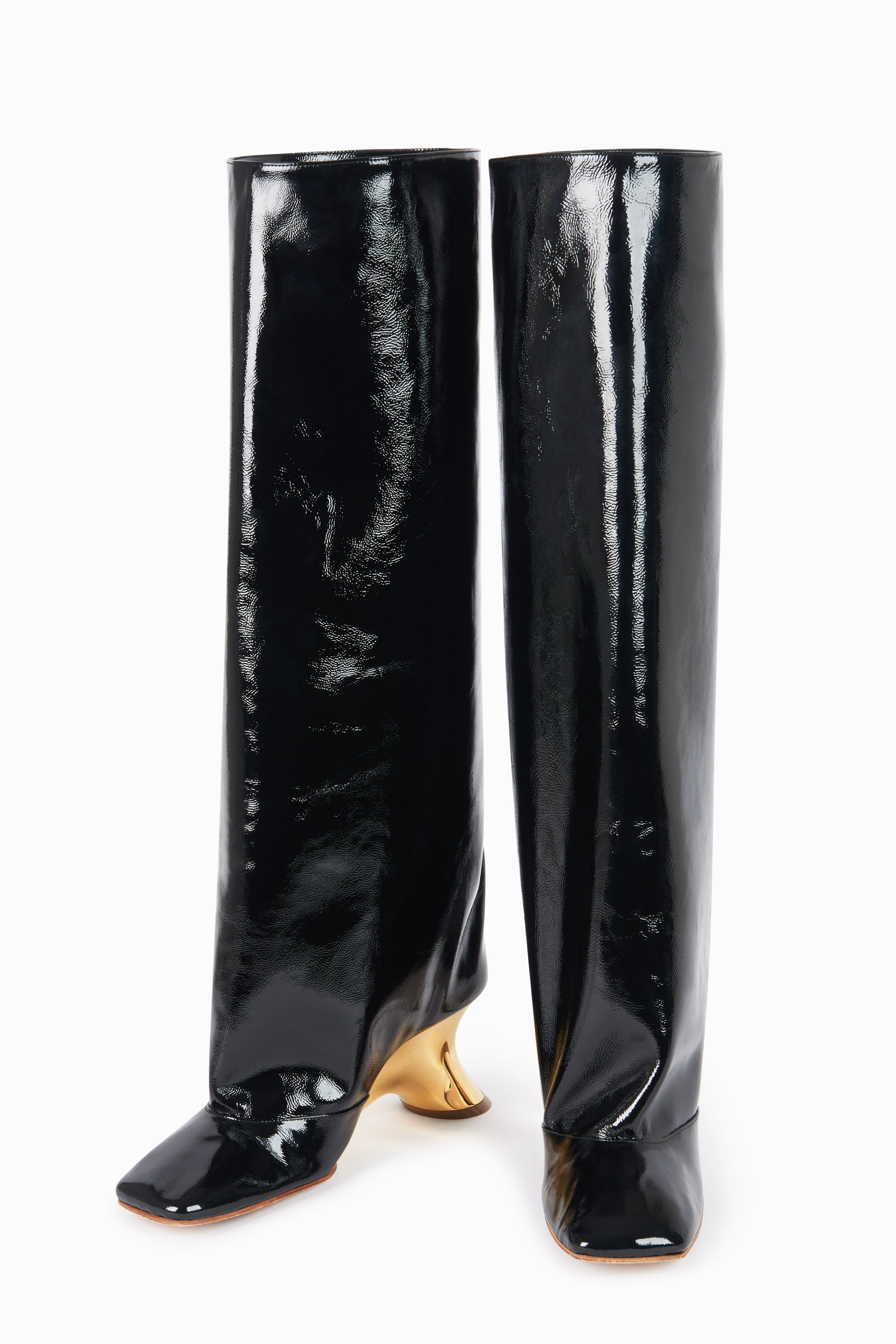Christy High Boot With Silver And Gold Wedge Black Wide Calf Knee High Kitten Heel Boots