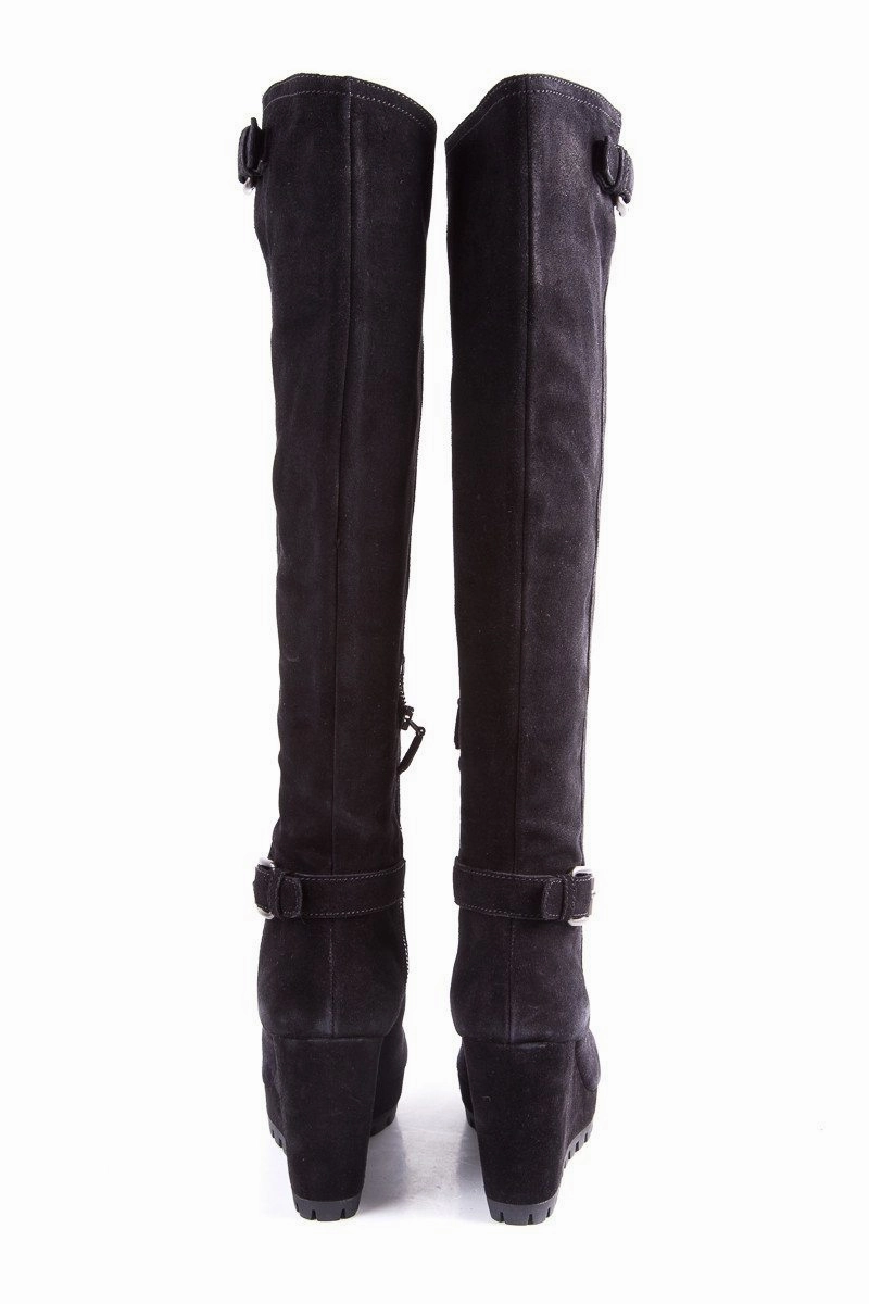 Knee High Heeled Platform Boots Prada Black Suede Knee-High Boots SZ 36