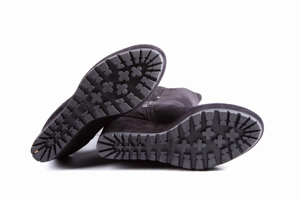 Over The Knee High Boots Low Heel Prada Black Suede Knee-High Boots SZ 36