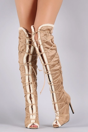 Knee High Boots With Laces In Front Privileged Shearling Trim Peep Toe Lace Up Stiletto Boots