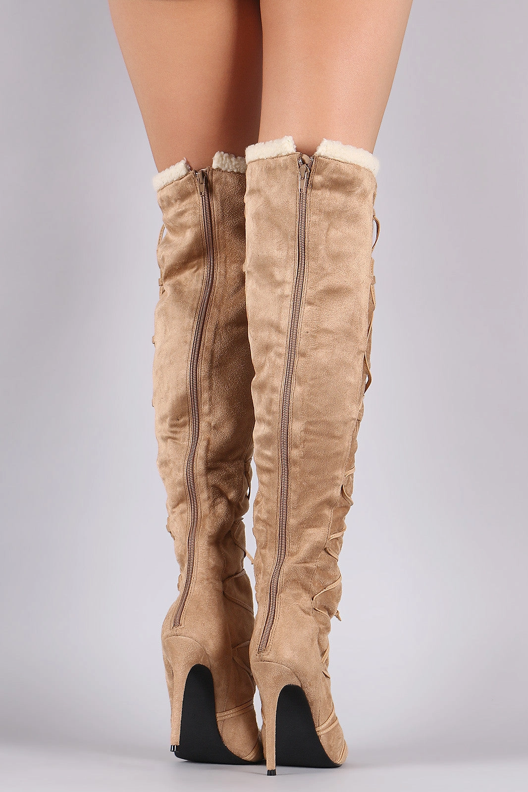 Waterproof Knee High Walking Boots Privileged Shearling Trim Peep Toe Lace Up Stiletto Boots