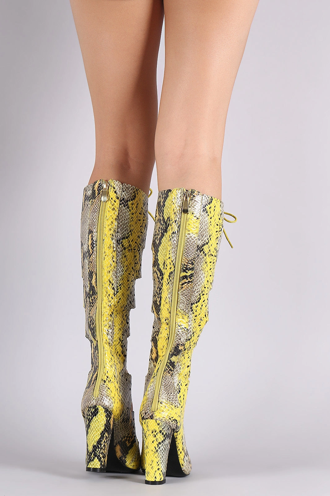 Rain Boots Knee High Python Perforated Scalloped Lace-Up Boots