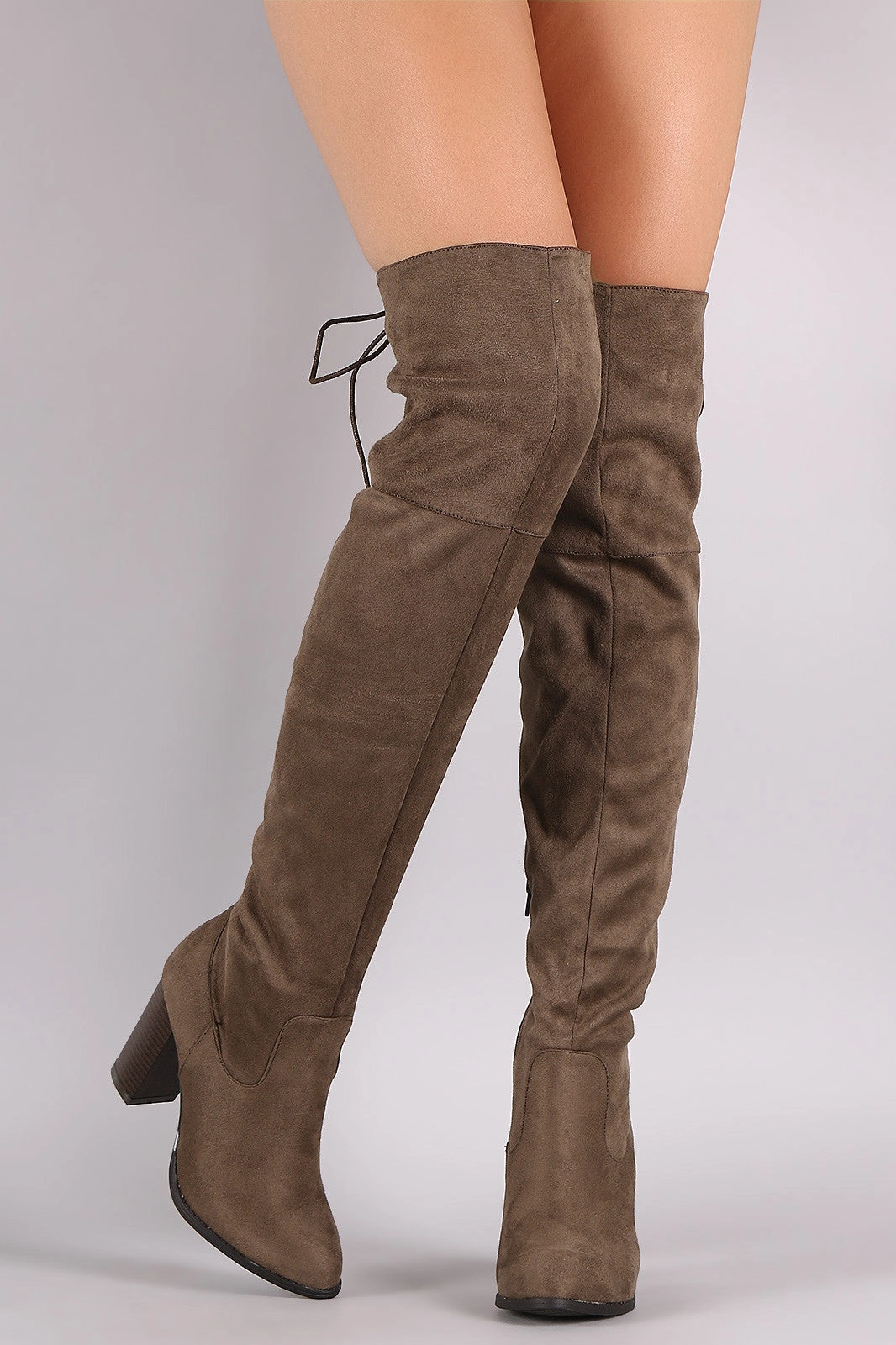 Vomira Knee High Boots Qupid Suede Back Lace-Up Chunky Heeled Over-The-Knee Boots