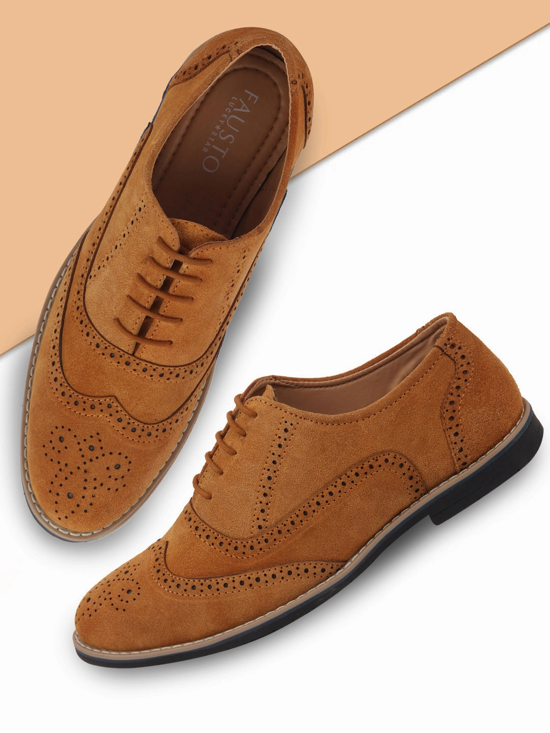 Men Tan Suede Leather Brogue Shoes with TPR Welted Sole All Day Comfort Work Boots