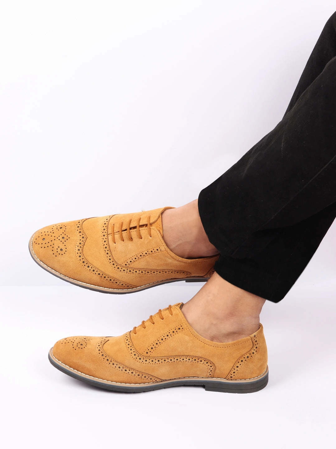 Men Tan Suede Leather Brogue Shoes with TPR Welted Sole Best Pull On Work Boots For Concrete Floors