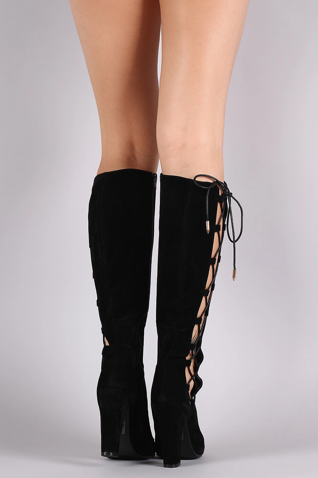 Shoe Republic LA Lace Up Knee High Boots Knee High Shiny Leather Boots