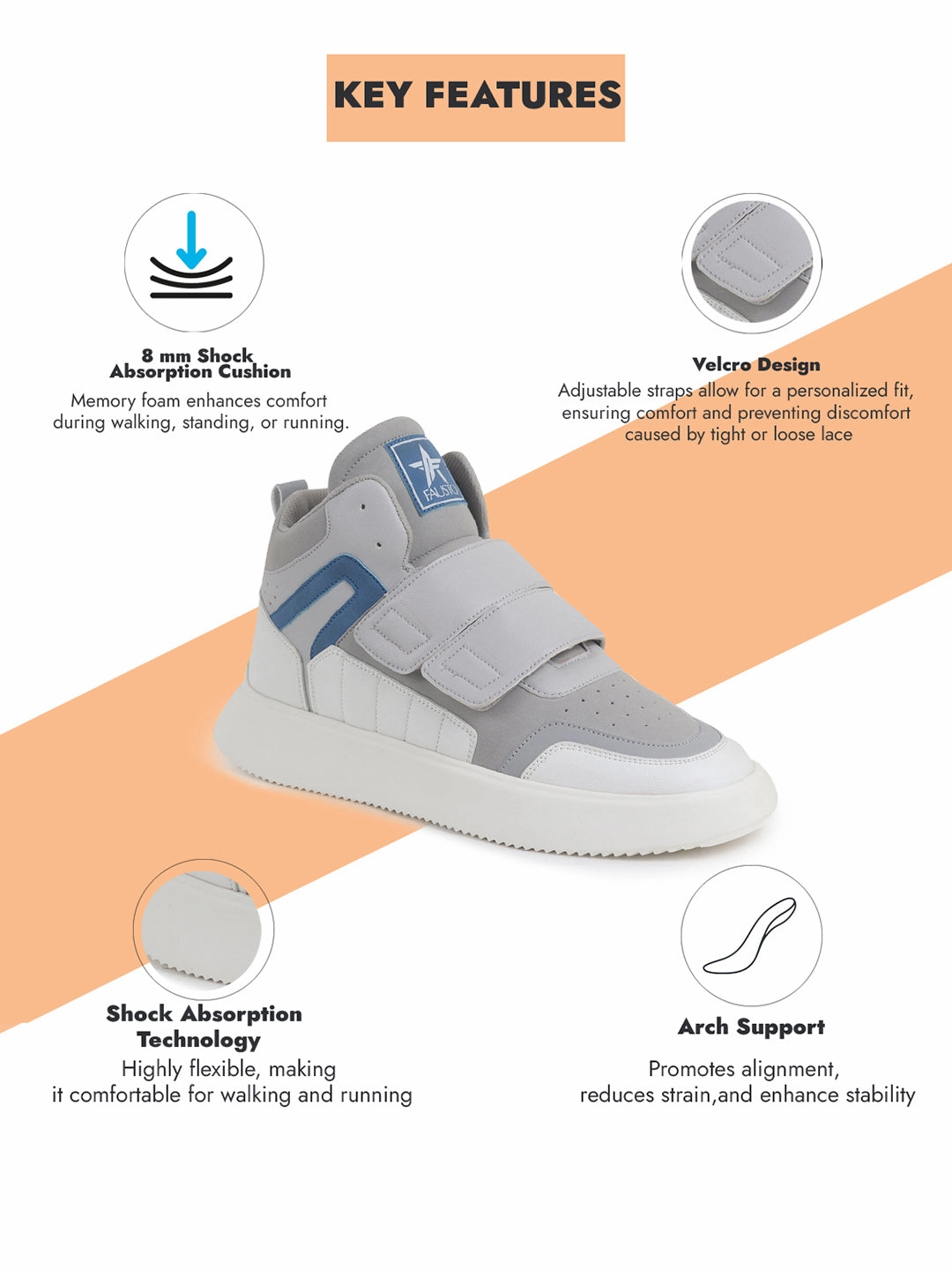 Sneakers Size 8 Men Grey Colorblocked High Top Velcro Adjustable Classic Sneakers|Memory Cushion Insole|Street Fashion Hi-Top Sneakers