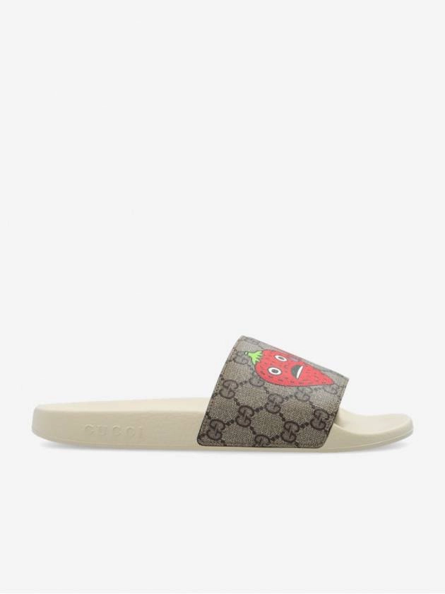 Gucci Strawberry Logo Slippers Beige Wood Flip Flops